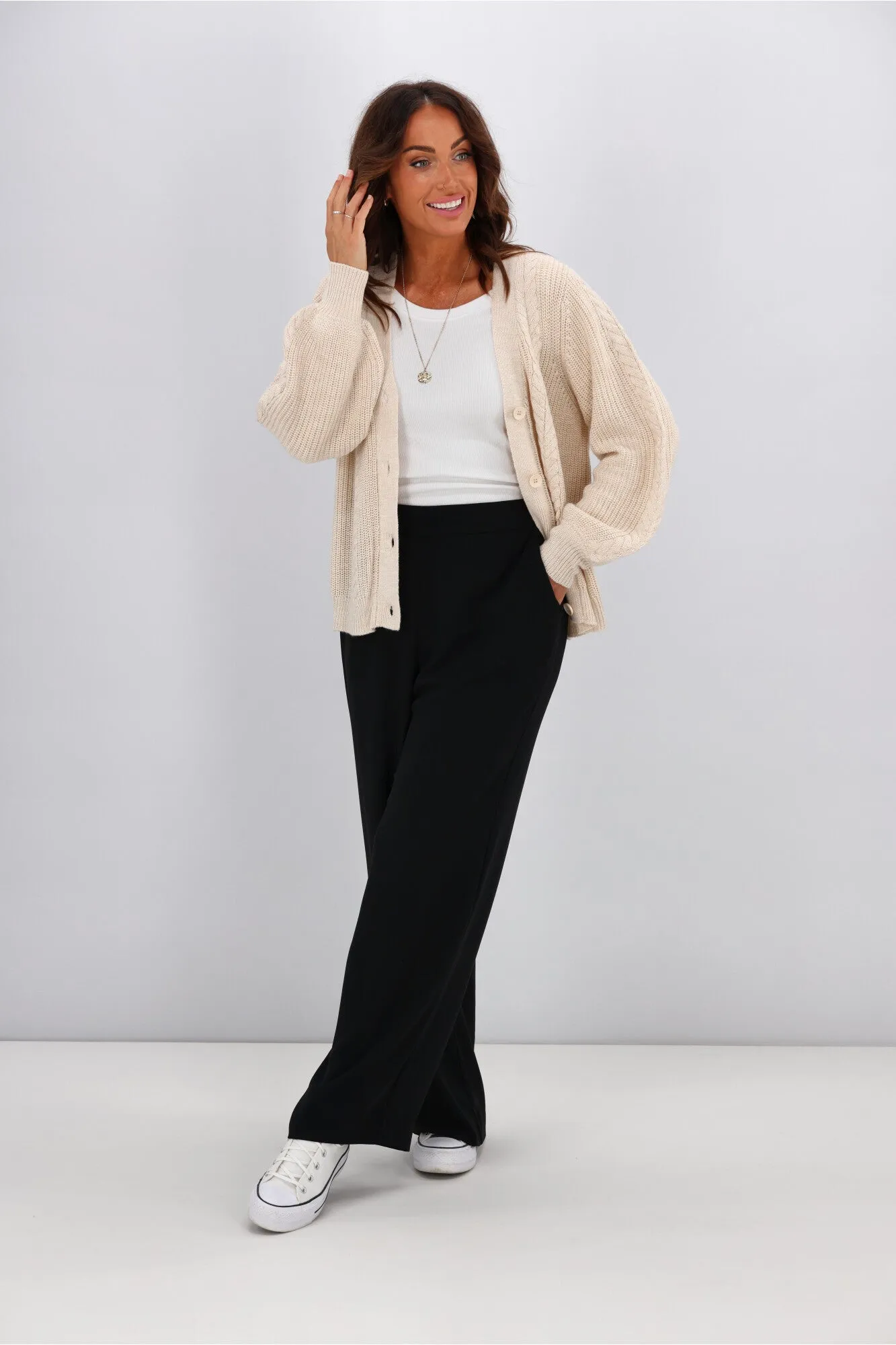 Alpine By Shine On Camille Merino Cable Knit Cardigan Oatmeal