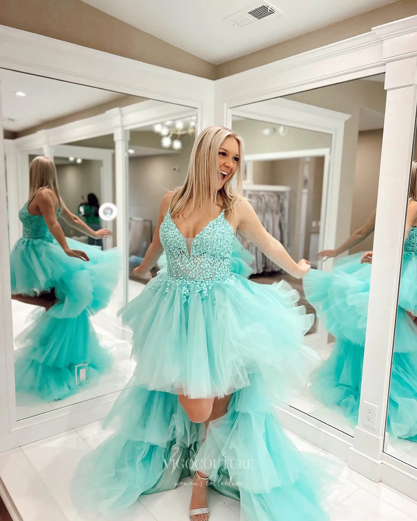 Aqua Ruffled High-Low Prom Dresses Lace Applique Evening Dress 24046