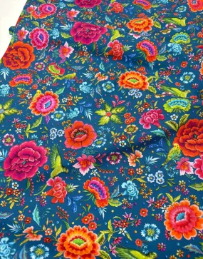 Blue Parakeets and Peonies Organic Cotton Poplin Fabric, Odile Bailloeul