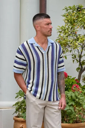 Blue Vertical Stripe Crochet Polo