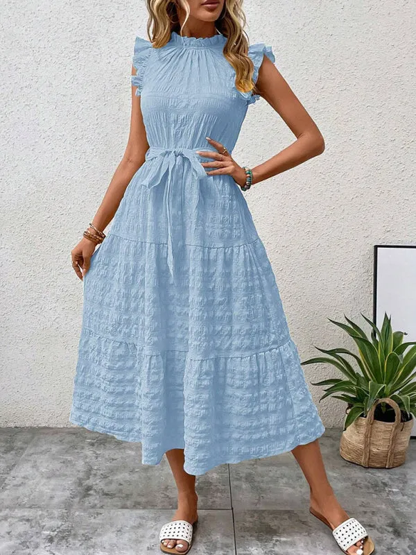 Boho Belted Midi Dress with Playful Ruffle Accents