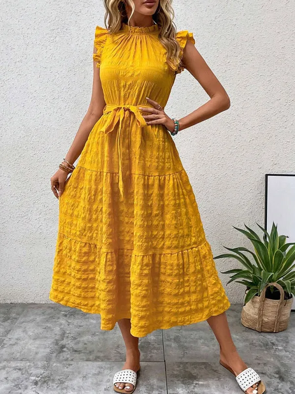 Boho Belted Midi Dress with Playful Ruffle Accents