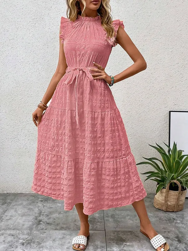 Boho Belted Midi Dress with Playful Ruffle Accents