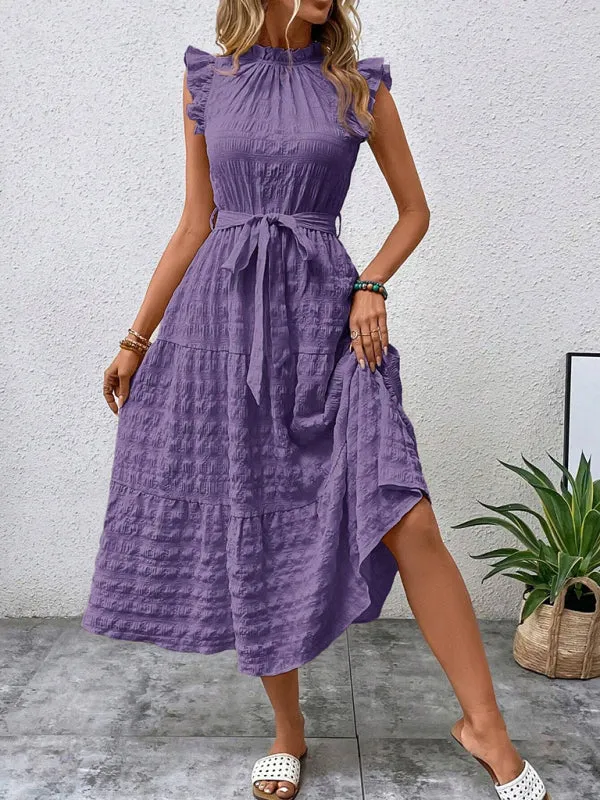 Boho Belted Midi Dress with Playful Ruffle Accents