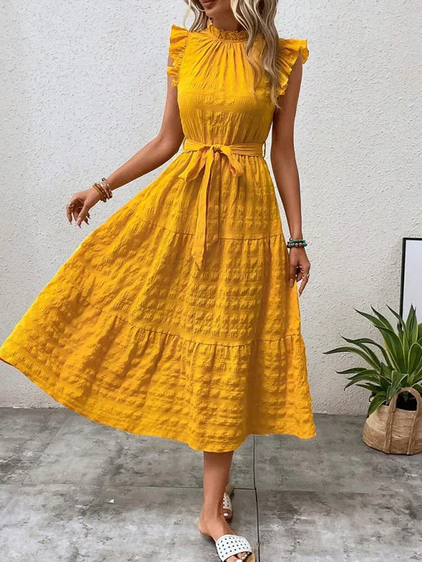 Boho Belted Midi Dress with Playful Ruffle Accents