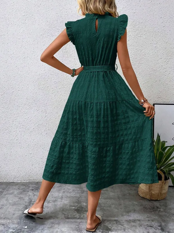 Boho Belted Midi Dress with Playful Ruffle Accents