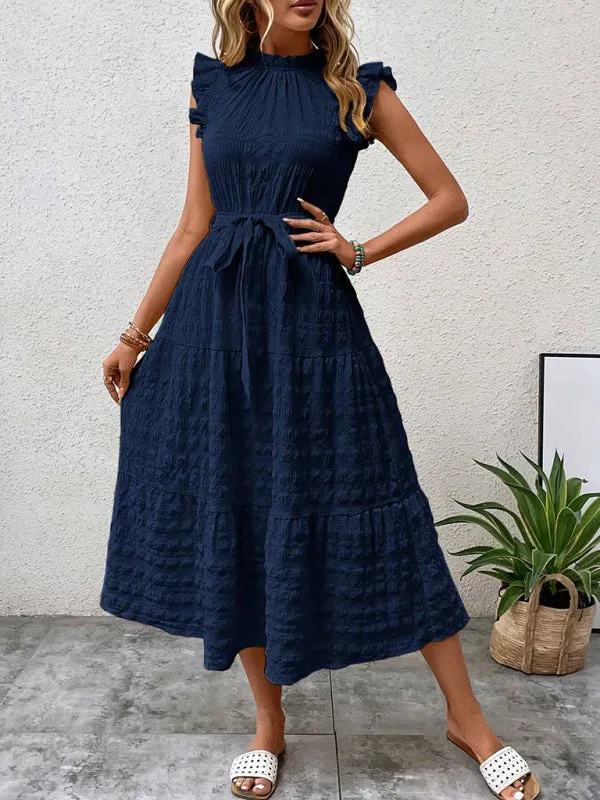 Boho Belted Midi Dress with Playful Ruffle Accents