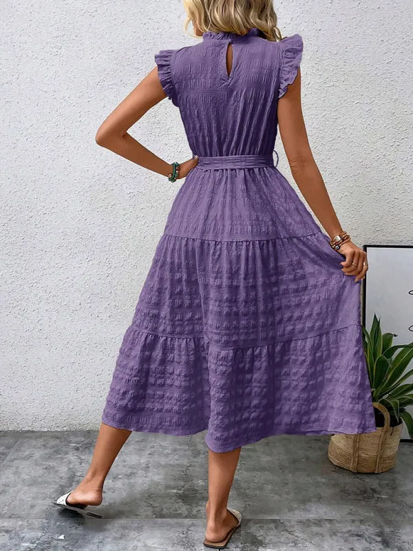 Boho Belted Midi Dress with Playful Ruffle Accents