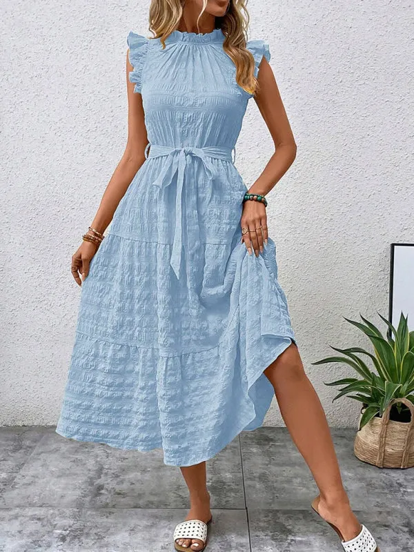 Boho Belted Midi Dress with Playful Ruffle Accents