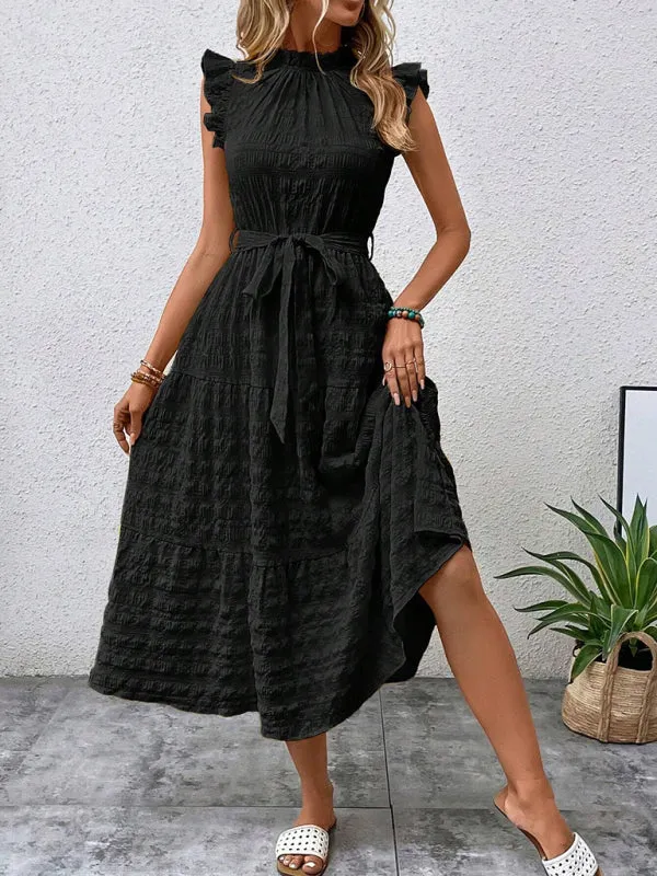 Boho Belted Midi Dress with Playful Ruffle Accents