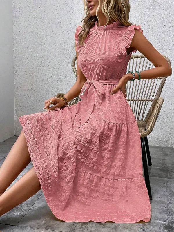 Boho Belted Midi Dress with Playful Ruffle Accents