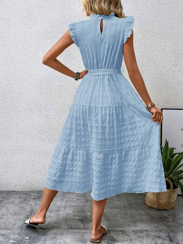 Boho Belted Midi Dress with Playful Ruffle Accents