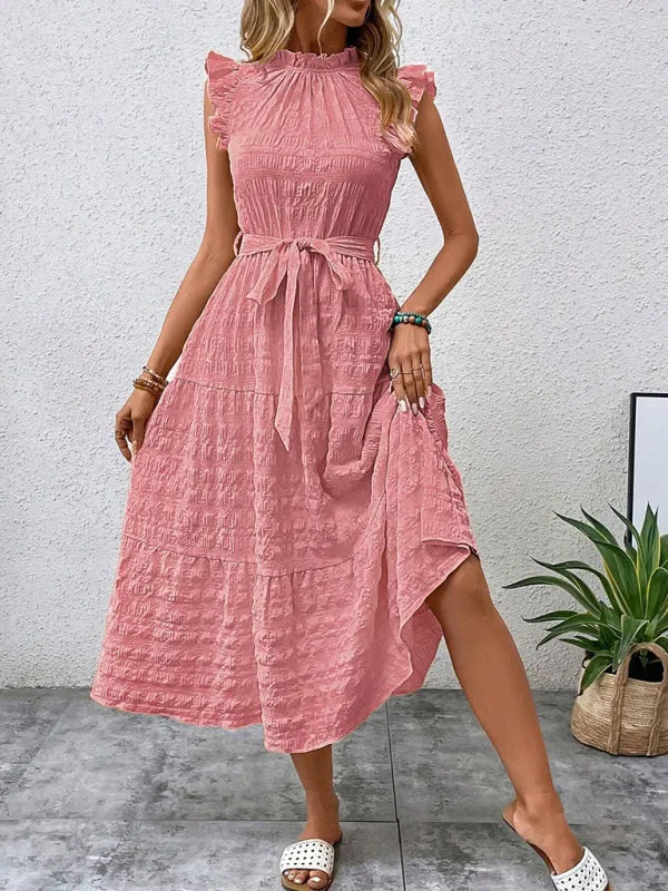 Boho Belted Midi Dress with Playful Ruffle Accents