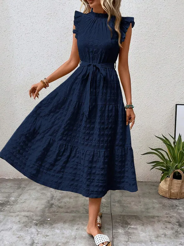 Boho Belted Midi Dress with Playful Ruffle Accents