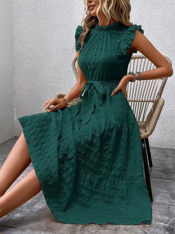 Boho Belted Midi Dress with Playful Ruffle Accents