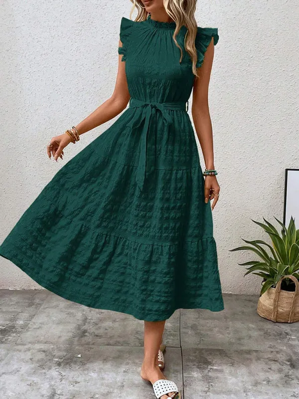 Boho Belted Midi Dress with Playful Ruffle Accents