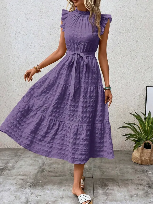 Boho Belted Midi Dress with Playful Ruffle Accents