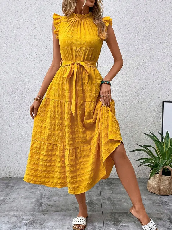 Boho Belted Midi Dress with Playful Ruffle Accents