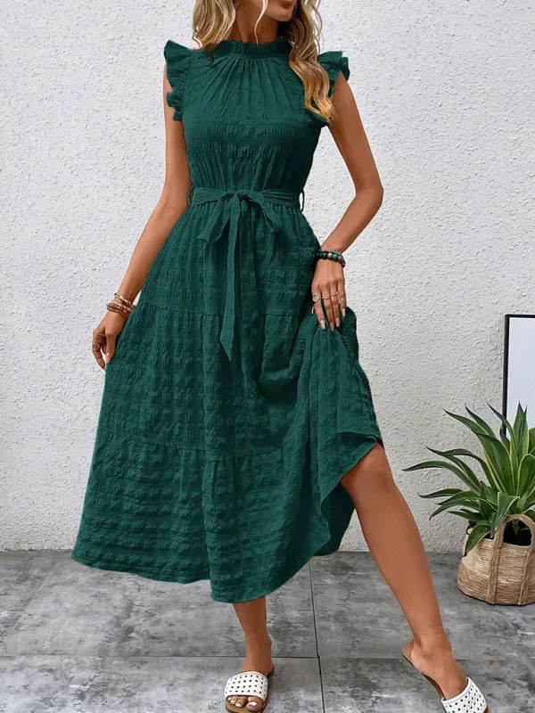 Boho Belted Midi Dress with Playful Ruffle Accents