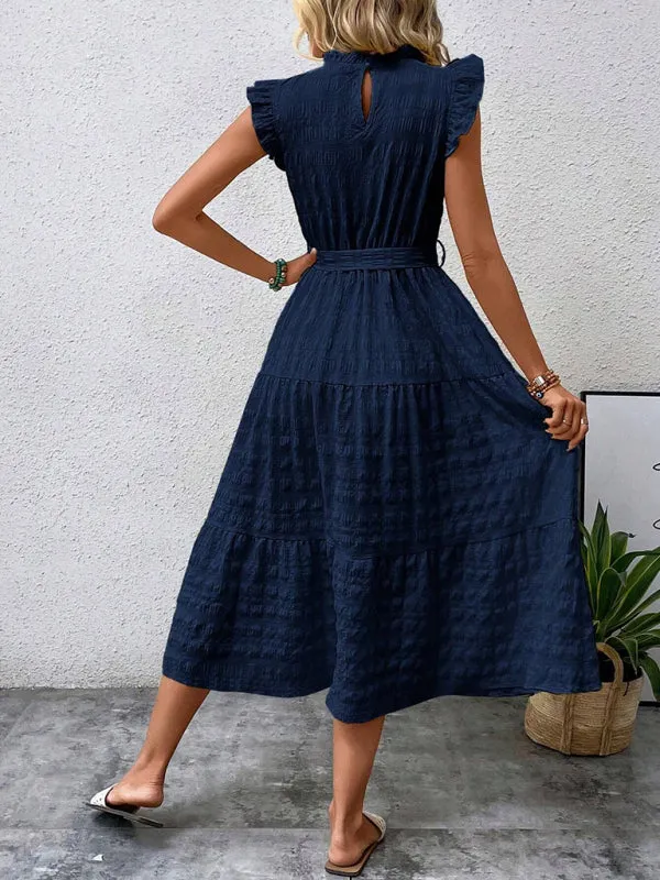 Boho Belted Midi Dress with Playful Ruffle Accents