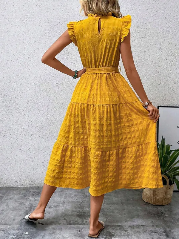 Boho Belted Midi Dress with Playful Ruffle Accents