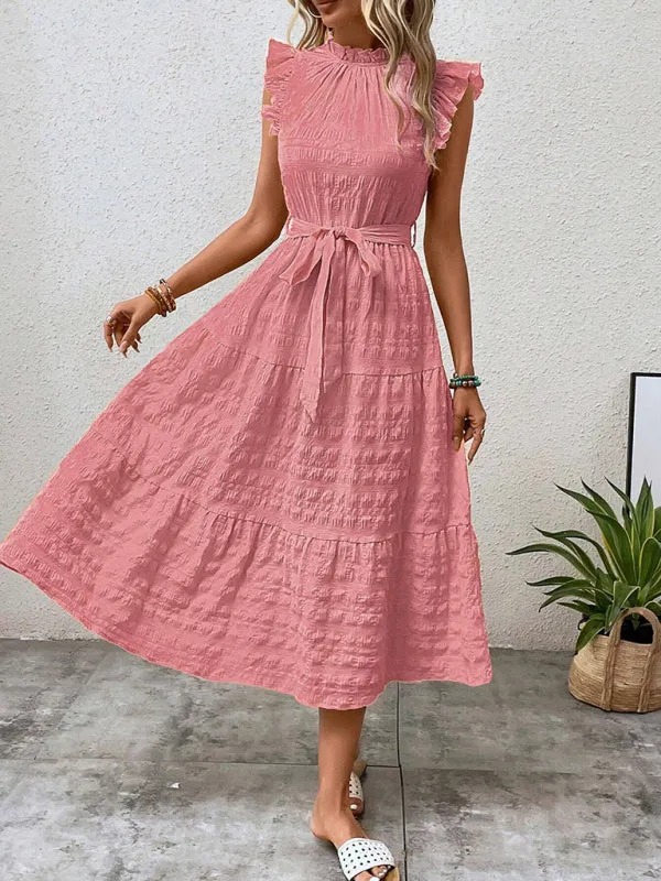 Boho Belted Midi Dress with Playful Ruffle Accents