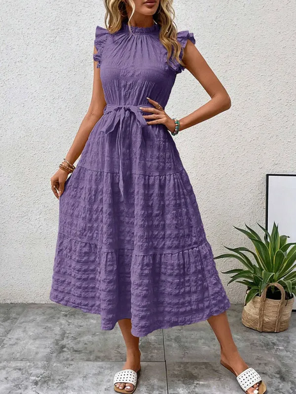 Boho Belted Midi Dress with Playful Ruffle Accents