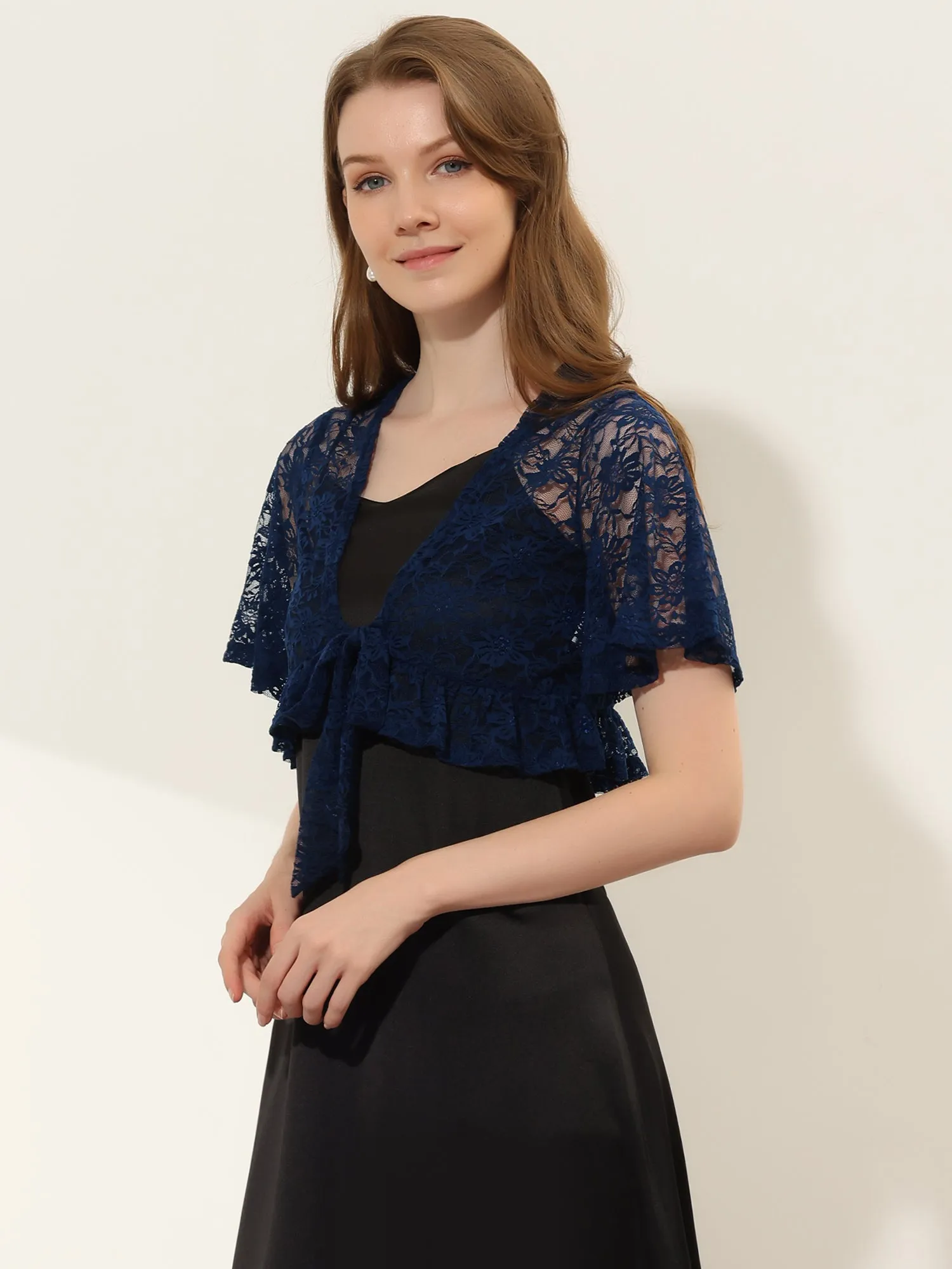 Bolero Shawls Ruffled Short Sleeve Sheer Floral Lace Shrug Top