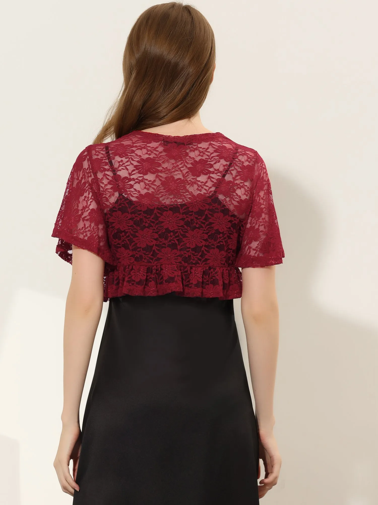 Bolero Shawls Ruffled Short Sleeve Sheer Floral Lace Shrug Top