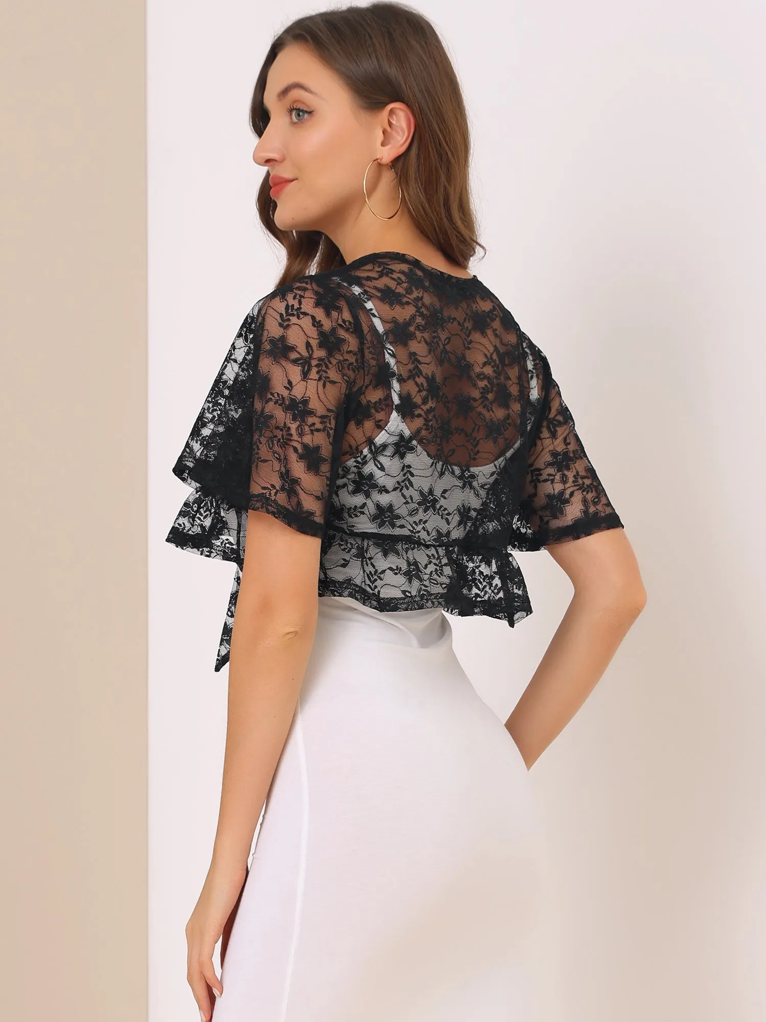 Bolero Shawls Ruffled Short Sleeve Sheer Floral Lace Shrug Top