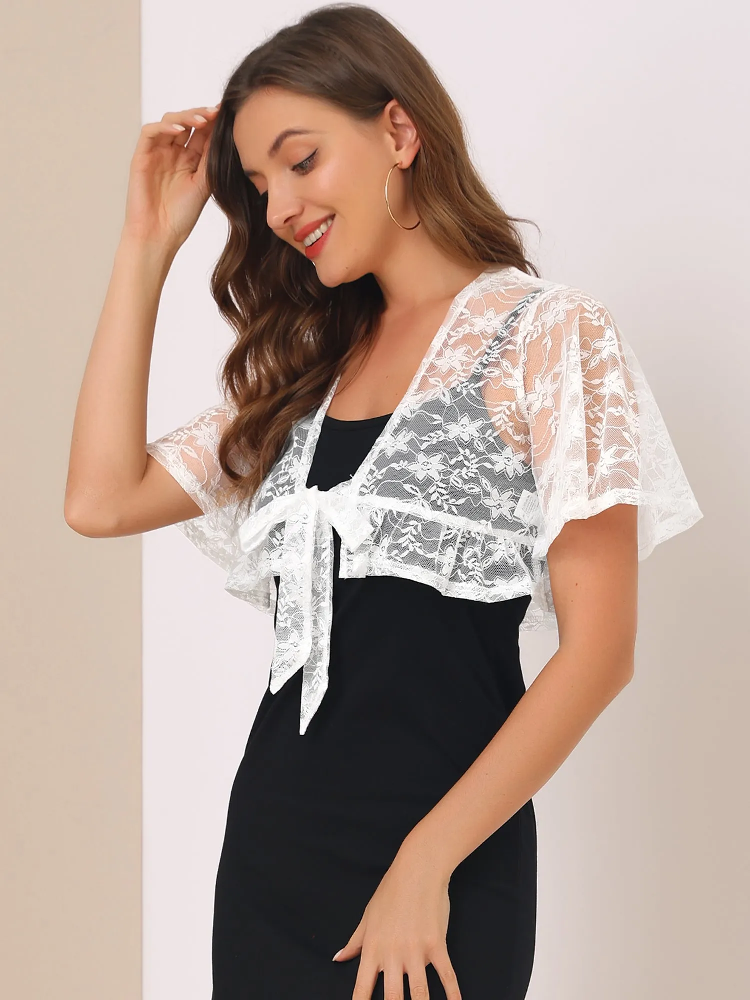 Bolero Shawls Ruffled Short Sleeve Sheer Floral Lace Shrug Top