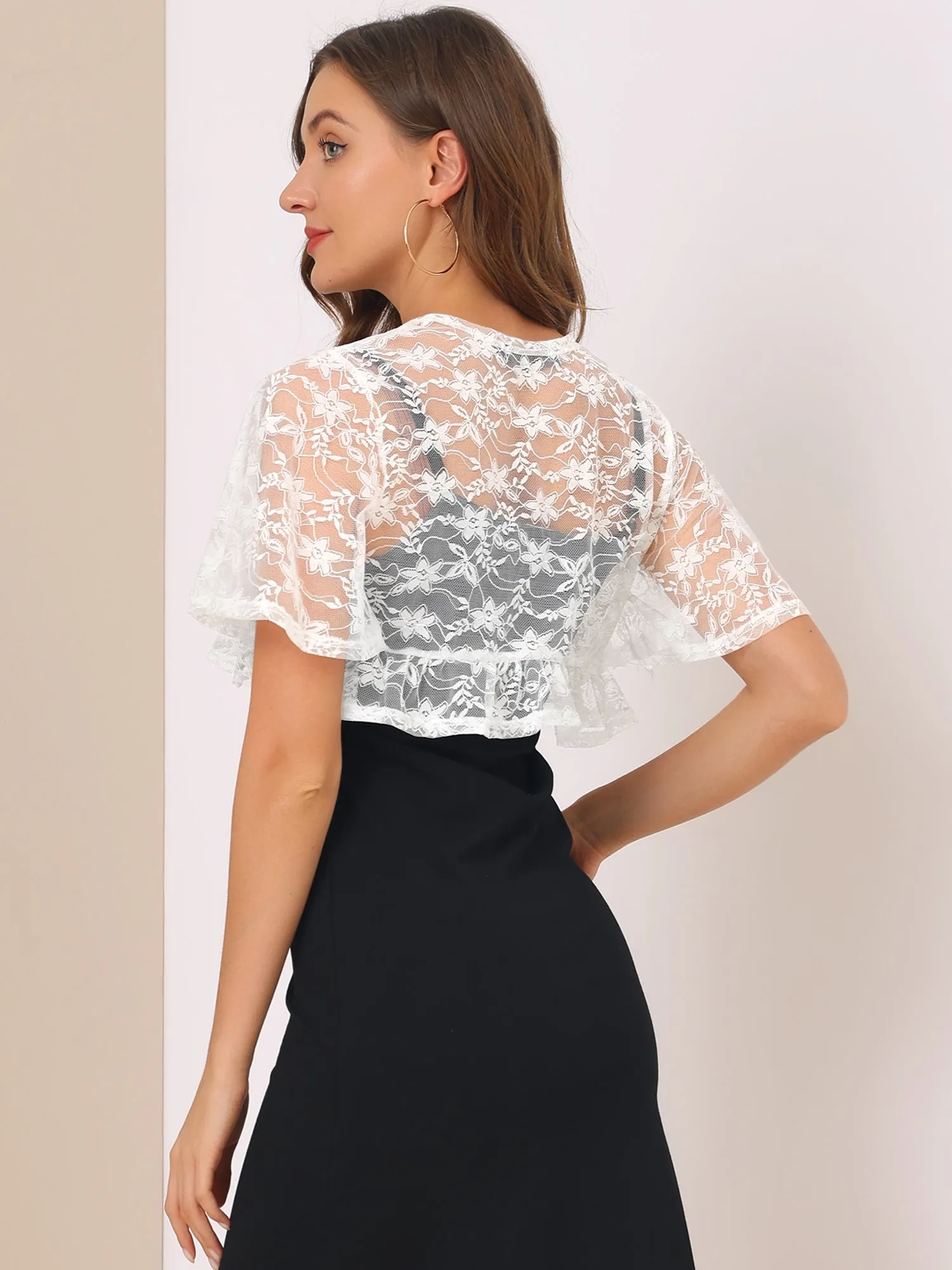 Bolero Shawls Ruffled Short Sleeve Sheer Floral Lace Shrug Top