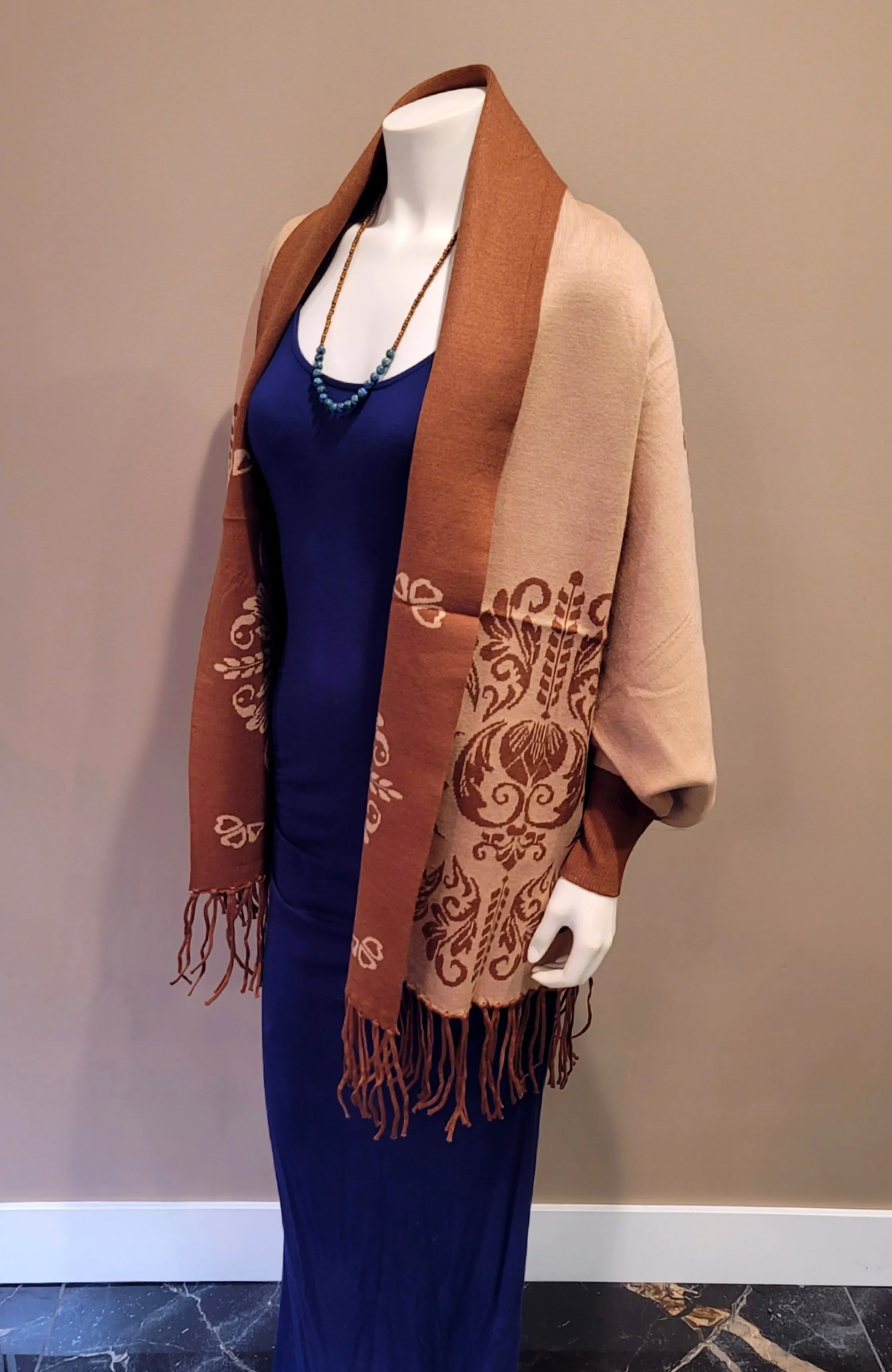 Brown/Tan Scroll Sleeved Shawl