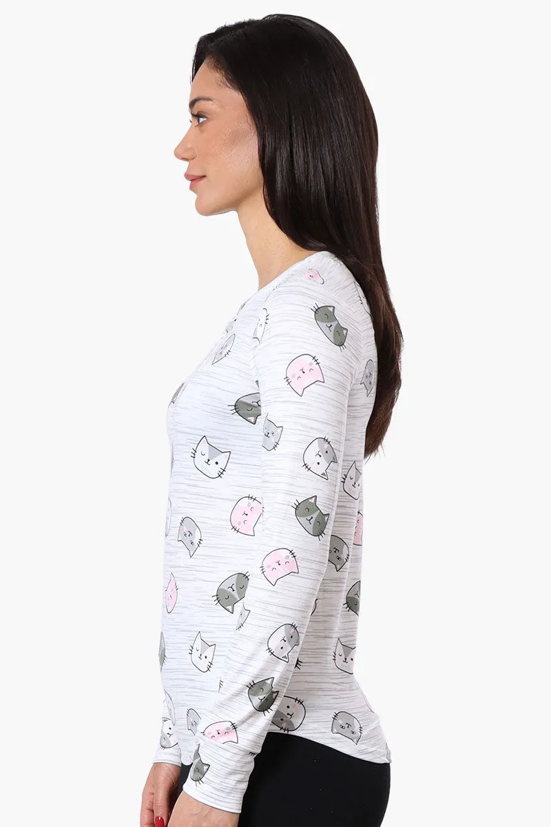 Canada Weather Gear Cat Pattern Henley Pajama Top - White