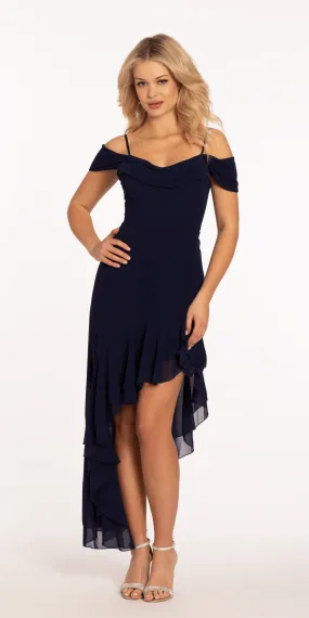 Chiffon Off the Shoulder Midi Dress with Asymmetrical Hem