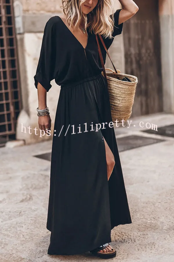 Chill Vacation Elastic Waist Pocket Slit Maxi Dress