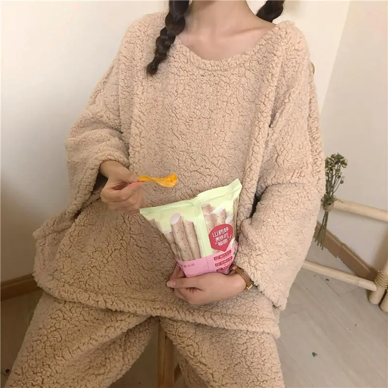 Comfy Solid Colors Sweatshirt   Pants Loose Pajama Set