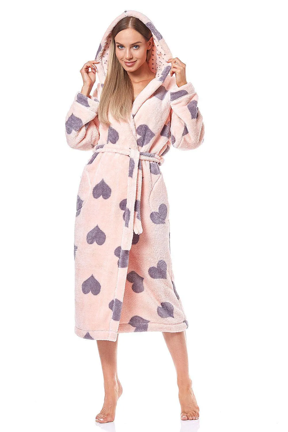 Cozy Pink Hearts Plush Hooded Bathrobe with Pockets