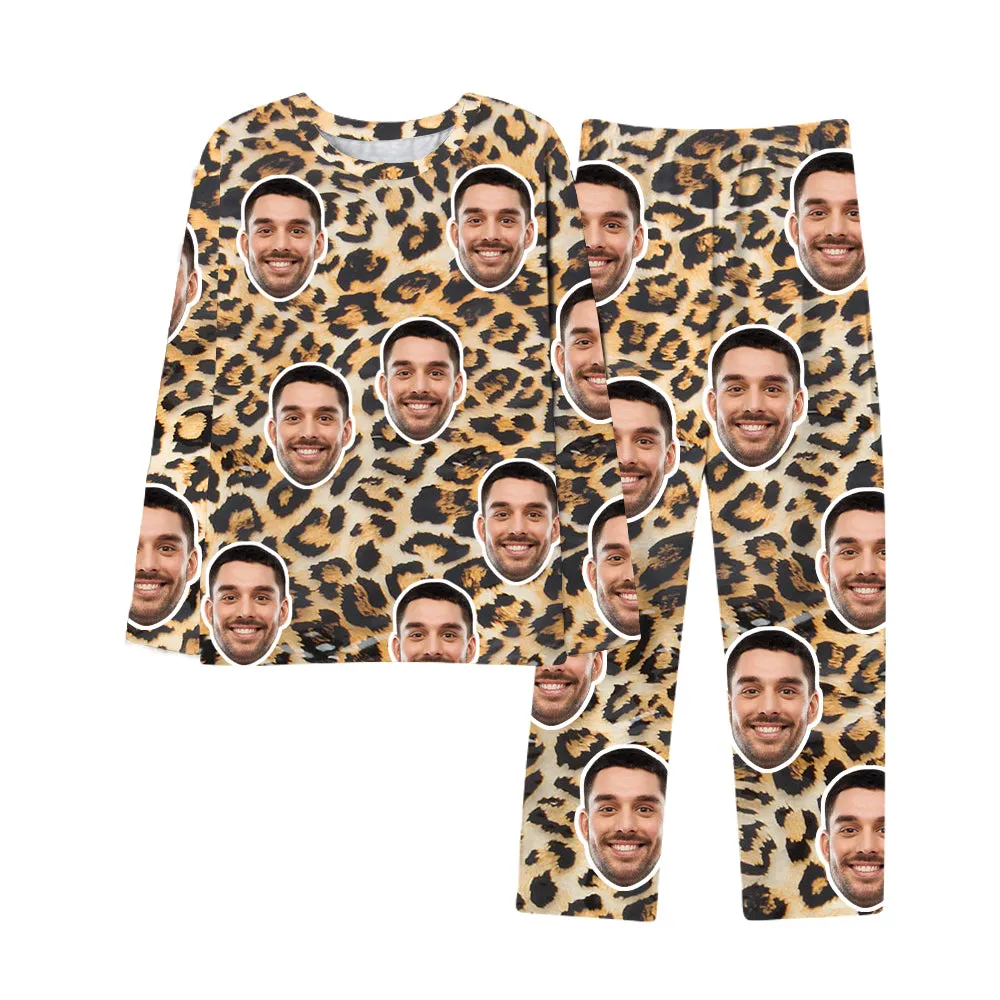 Custom Face Leopard Men Woman Pajamas Sleepwear Sets Personalized Gifts for Him Her