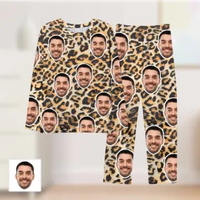 Custom Face Leopard Men Woman Pajamas Sleepwear Sets Personalized Gifts for Him Her