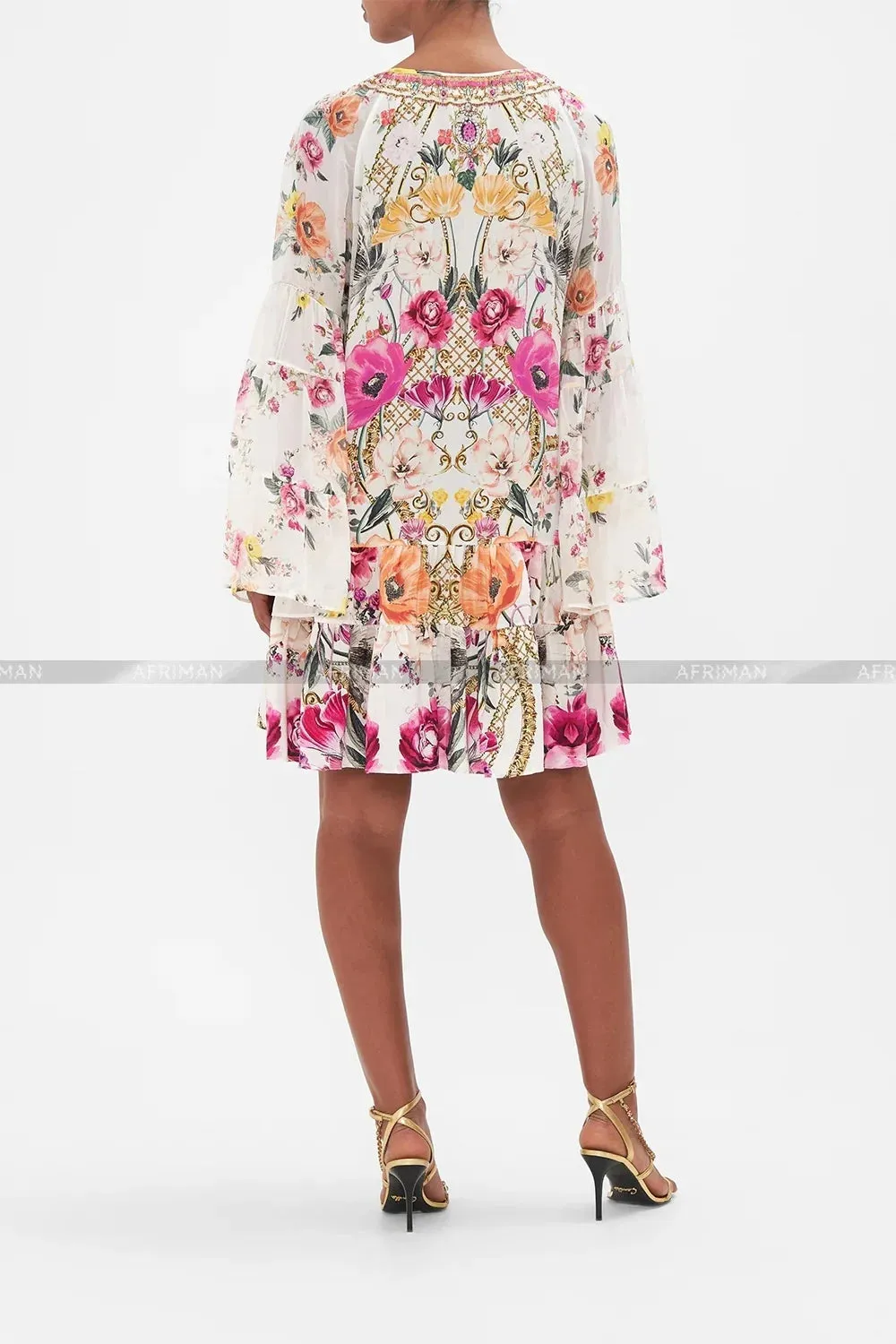 Designer Dress Women New V Neck Crystal Beaded Flower Print Flare Sleeve Loose Mini Silk Dress