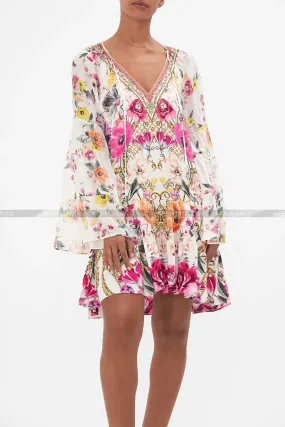 Designer Dress Women New V Neck Crystal Beaded Flower Print Flare Sleeve Loose Mini Silk Dress