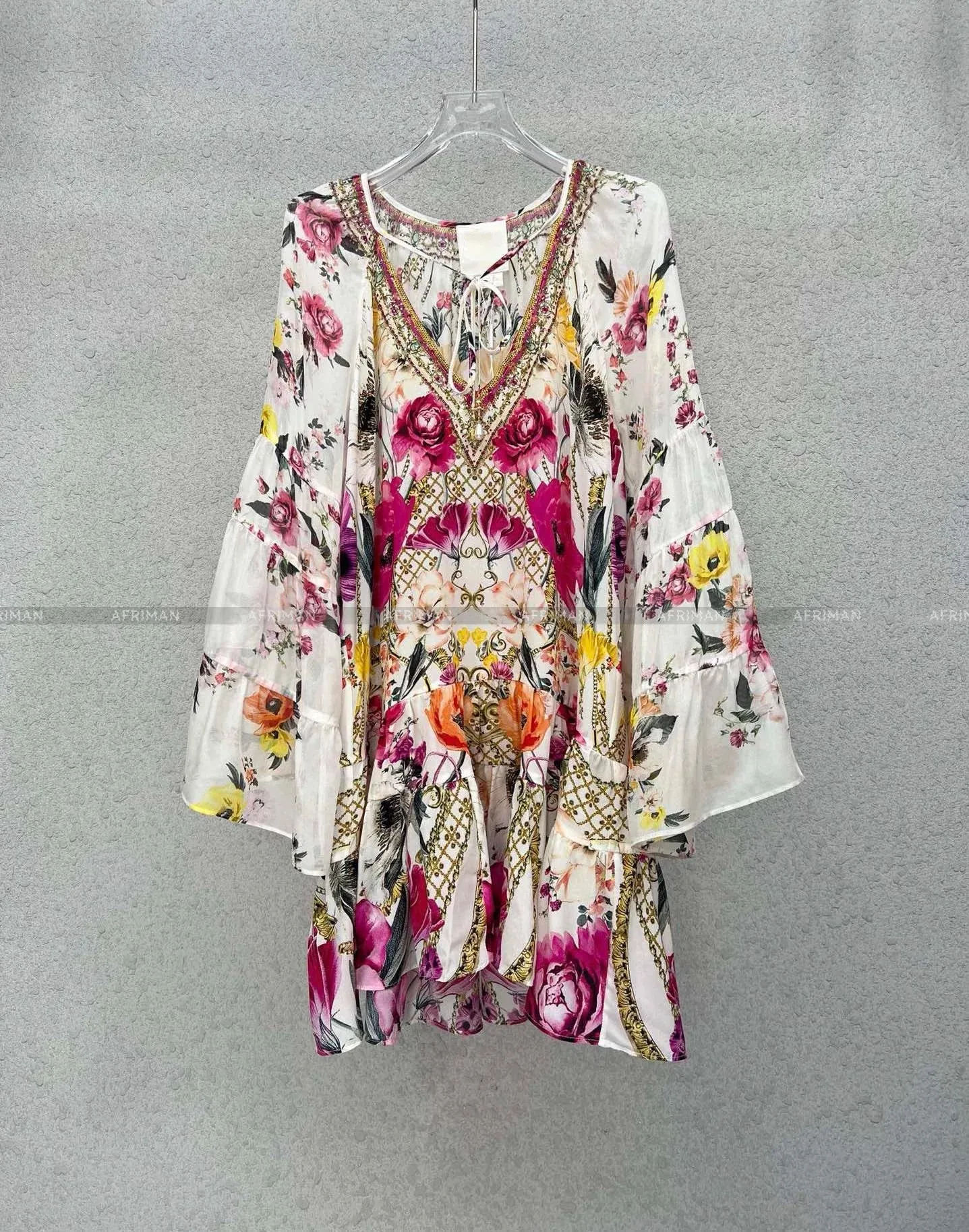 Designer Dress Women New V Neck Crystal Beaded Flower Print Flare Sleeve Loose Mini Silk Dress