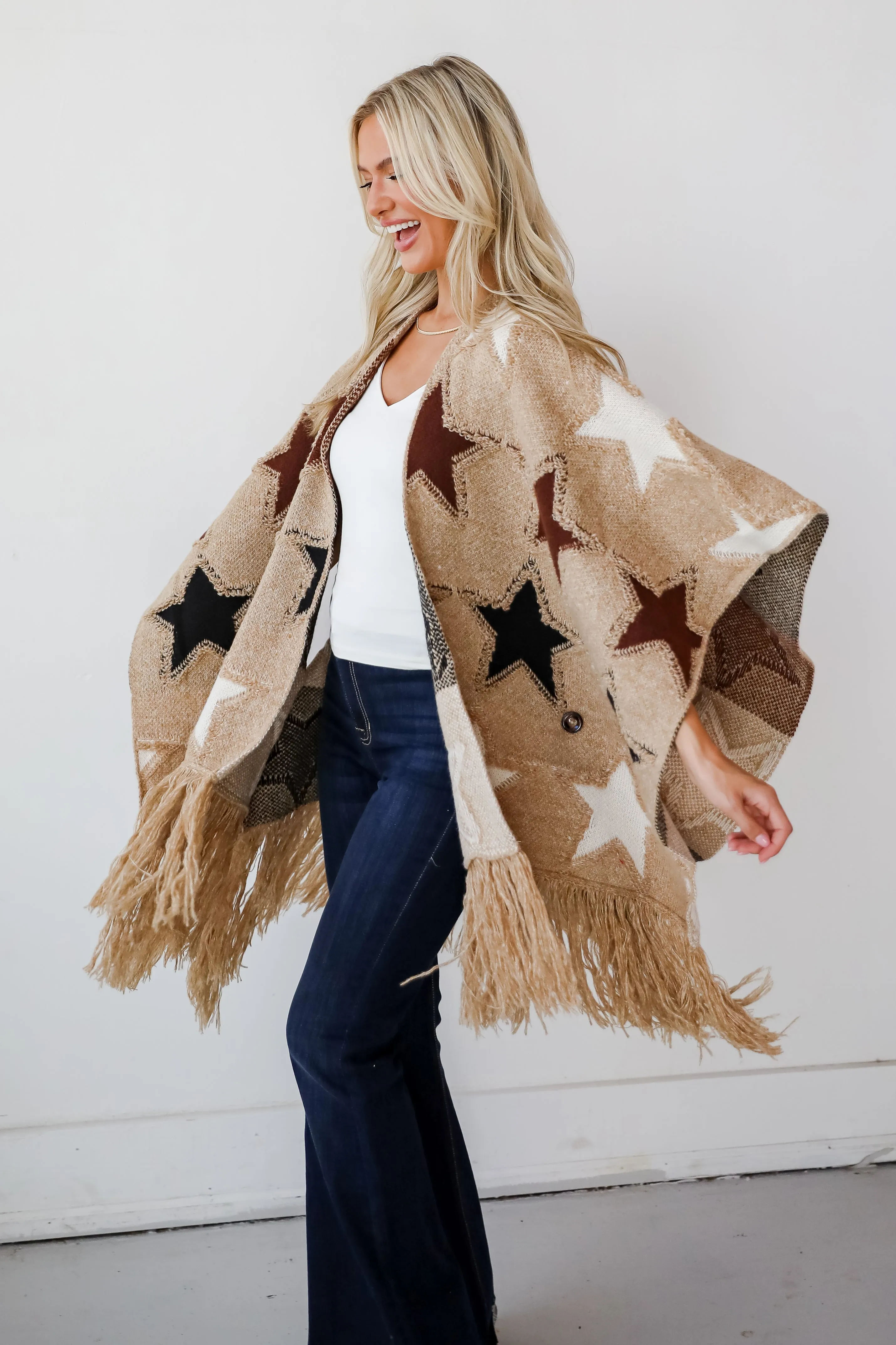 FINAL SALE - Playful Coziness Beige Star Knit Fringe Shawl