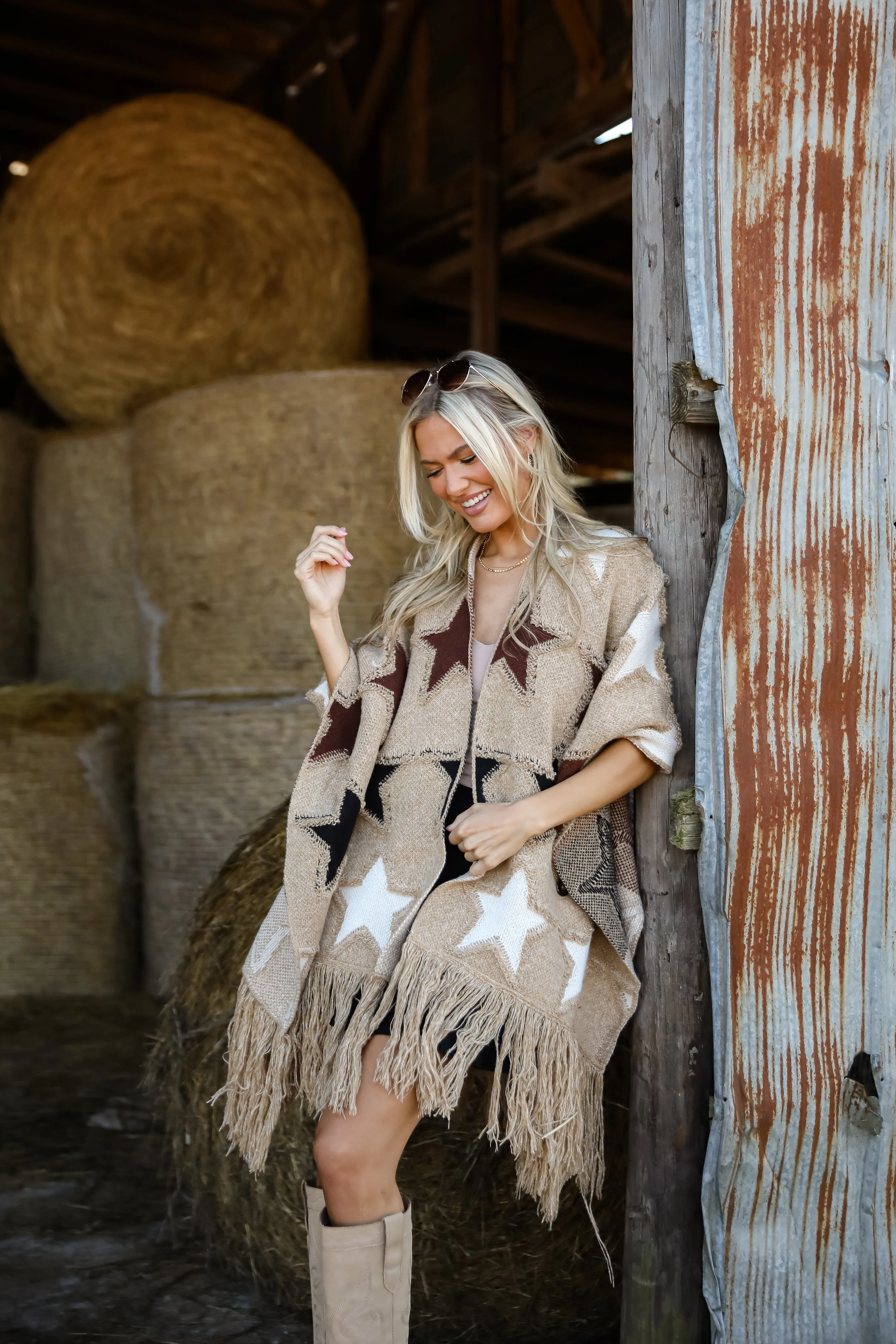 FINAL SALE - Playful Coziness Beige Star Knit Fringe Shawl