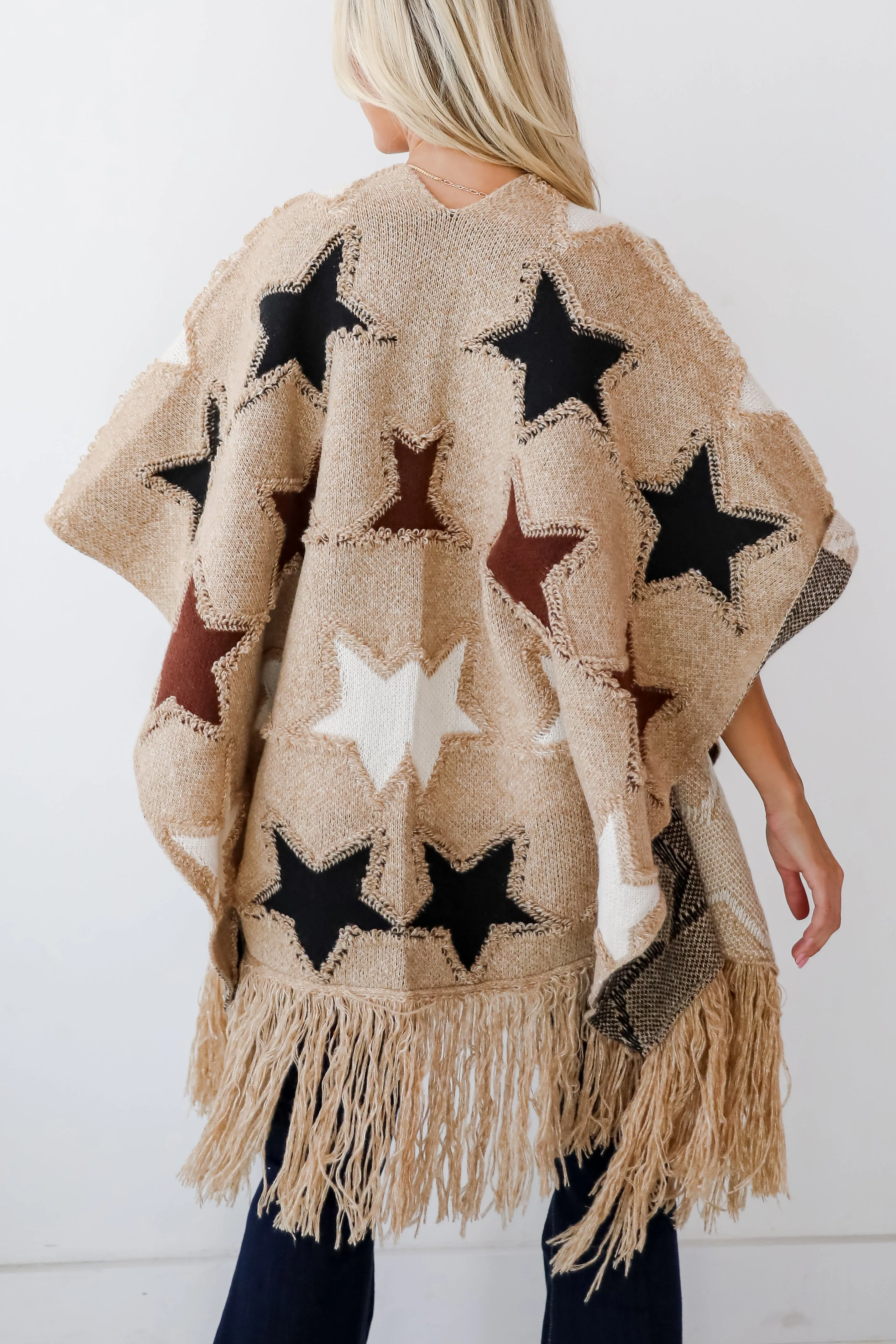 FINAL SALE - Playful Coziness Beige Star Knit Fringe Shawl