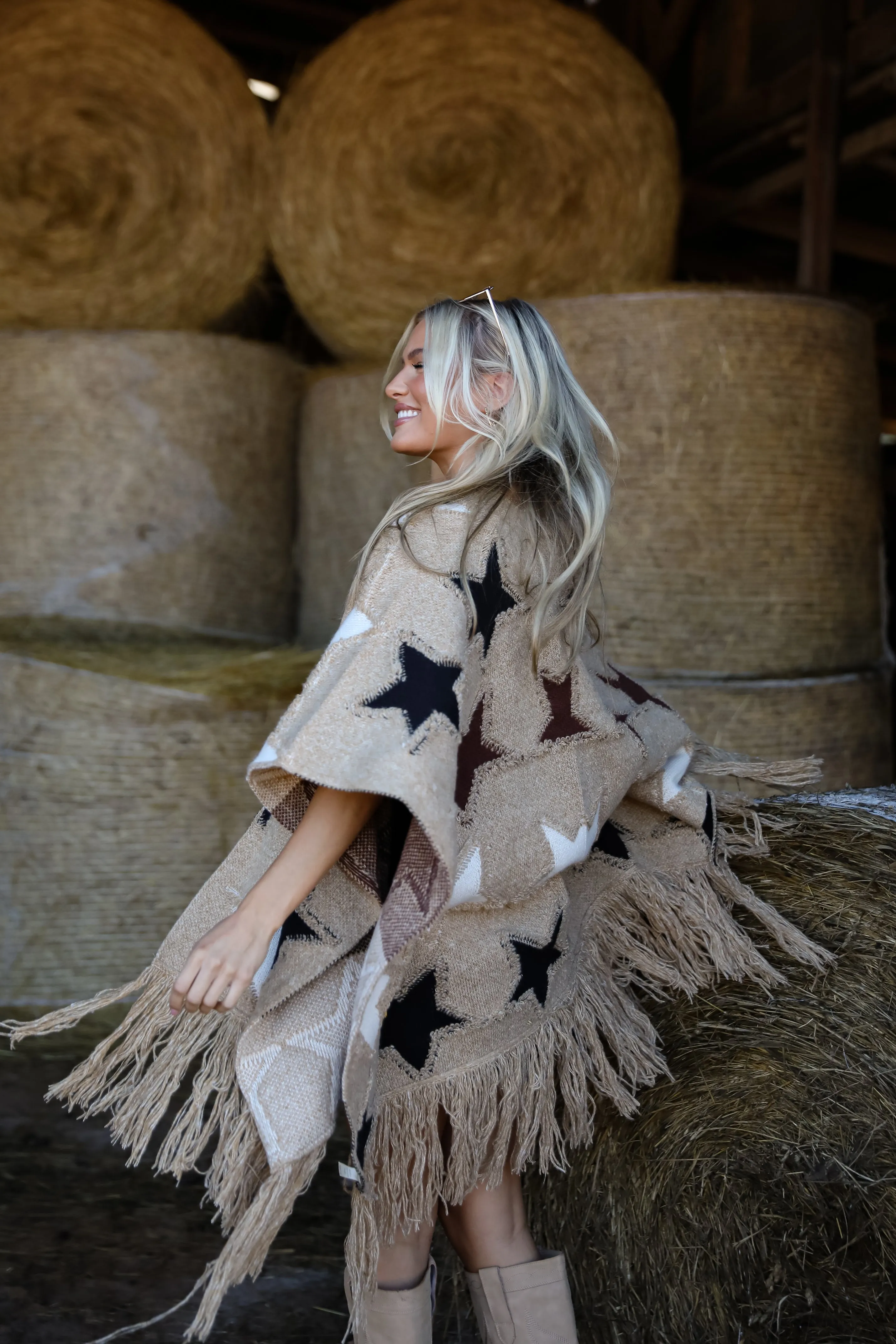 FINAL SALE - Playful Coziness Beige Star Knit Fringe Shawl