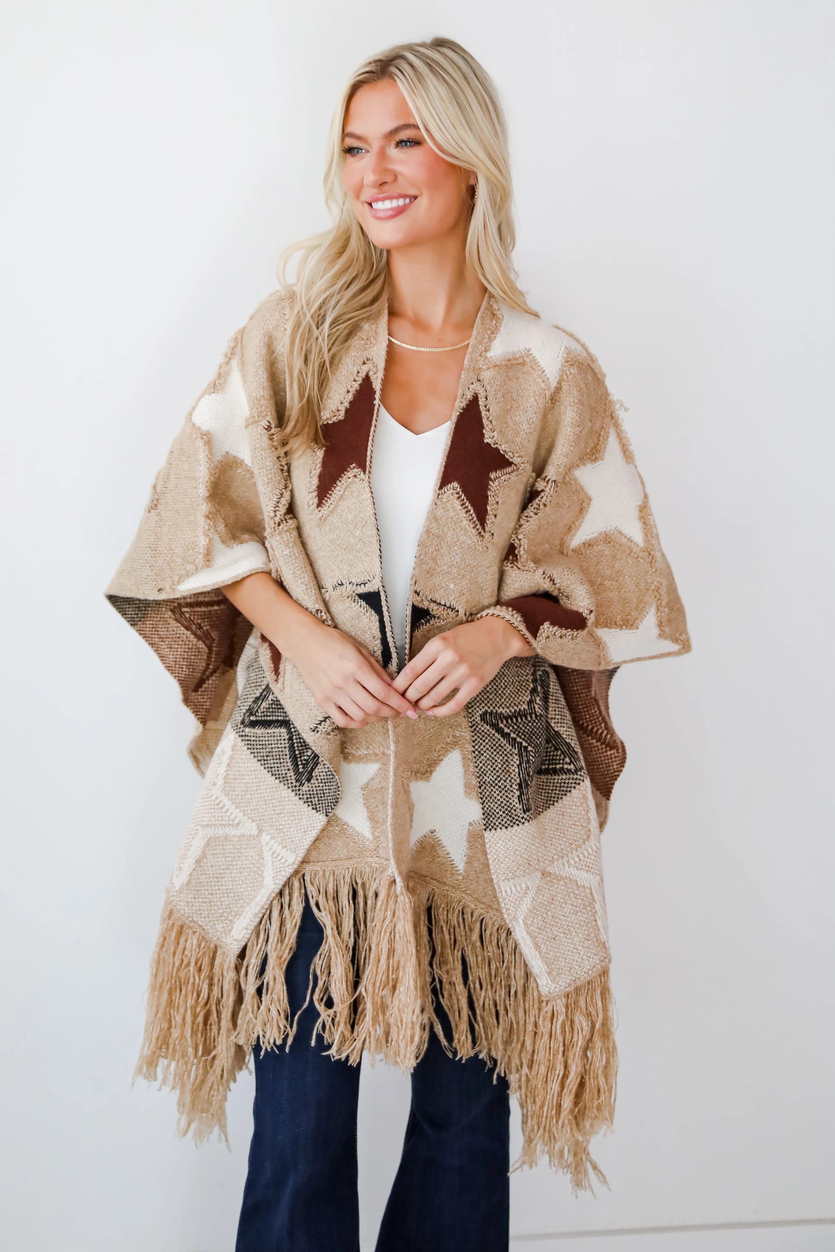 FINAL SALE - Playful Coziness Beige Star Knit Fringe Shawl