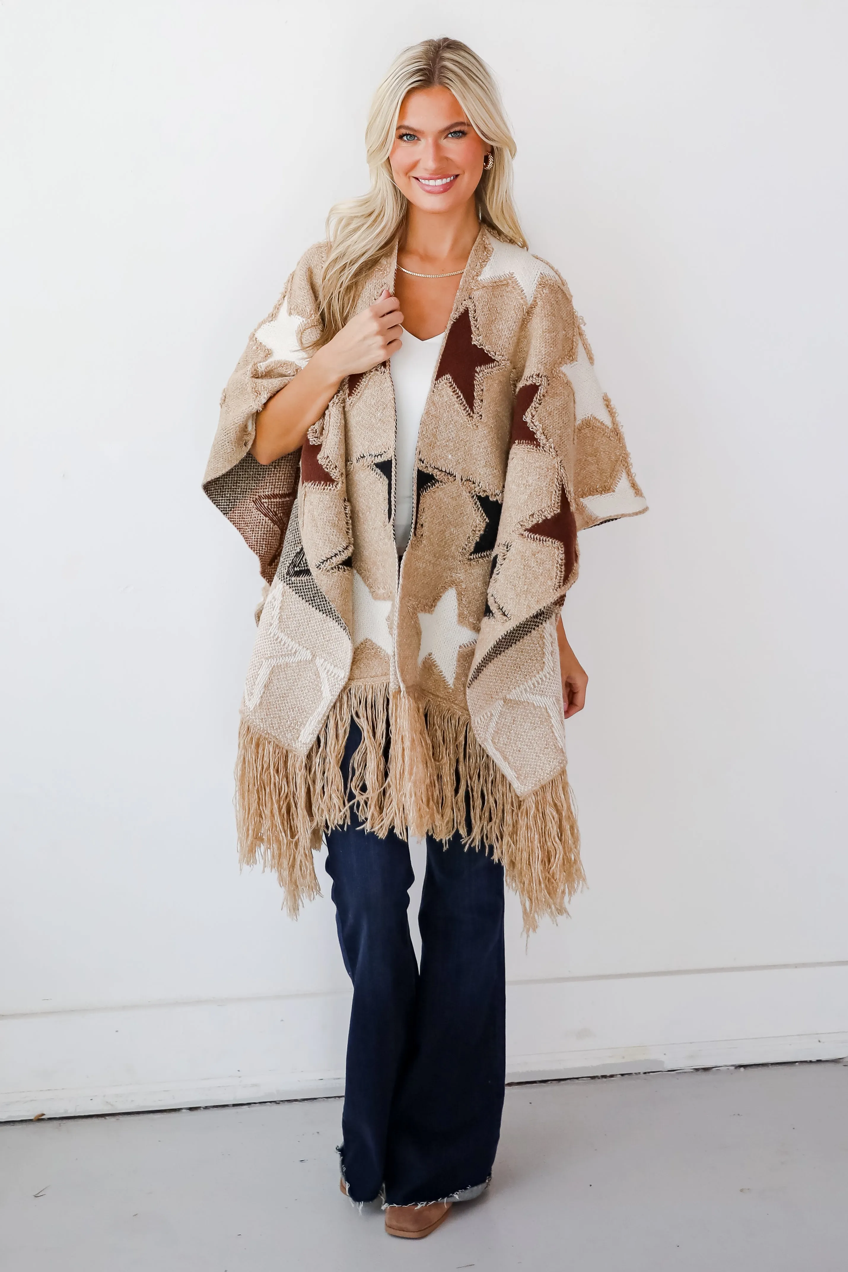 FINAL SALE - Playful Coziness Beige Star Knit Fringe Shawl