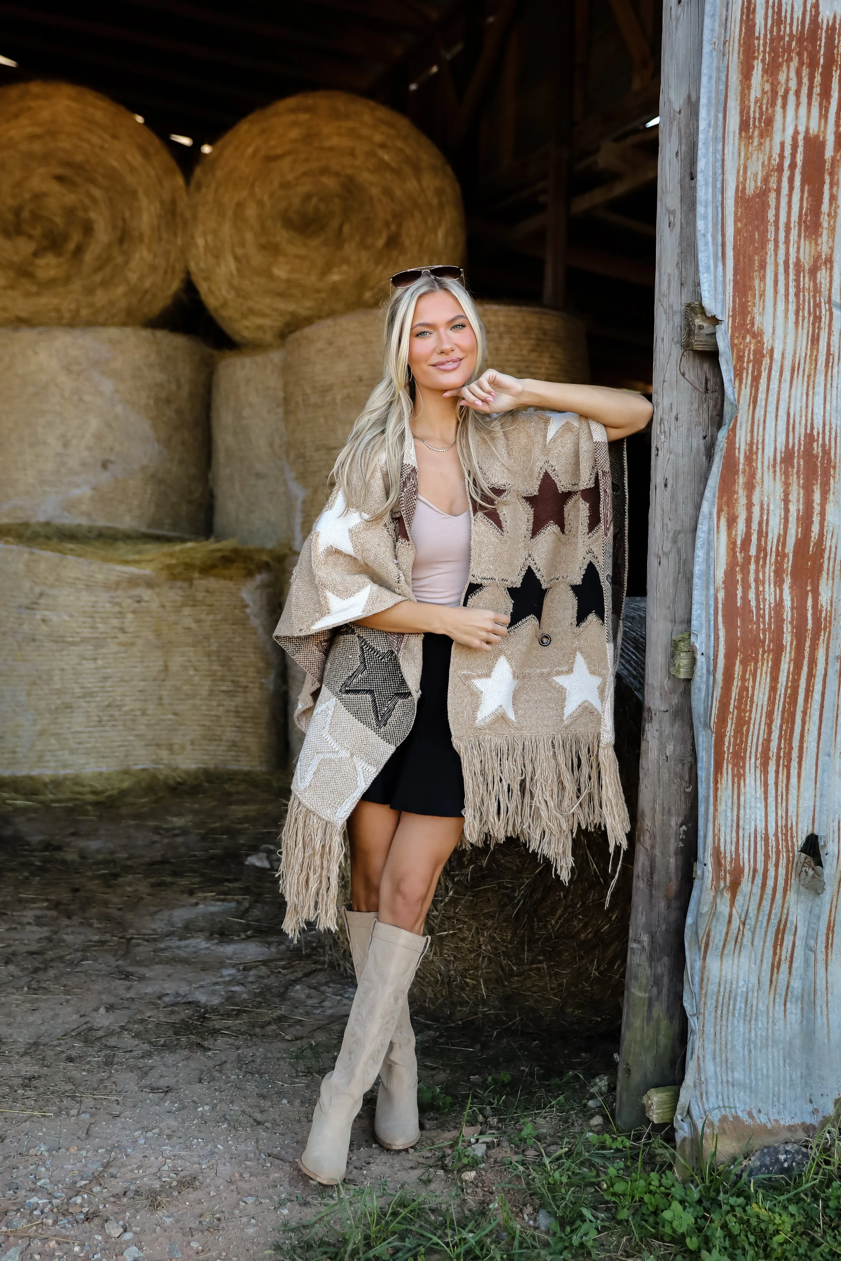 FINAL SALE - Playful Coziness Beige Star Knit Fringe Shawl